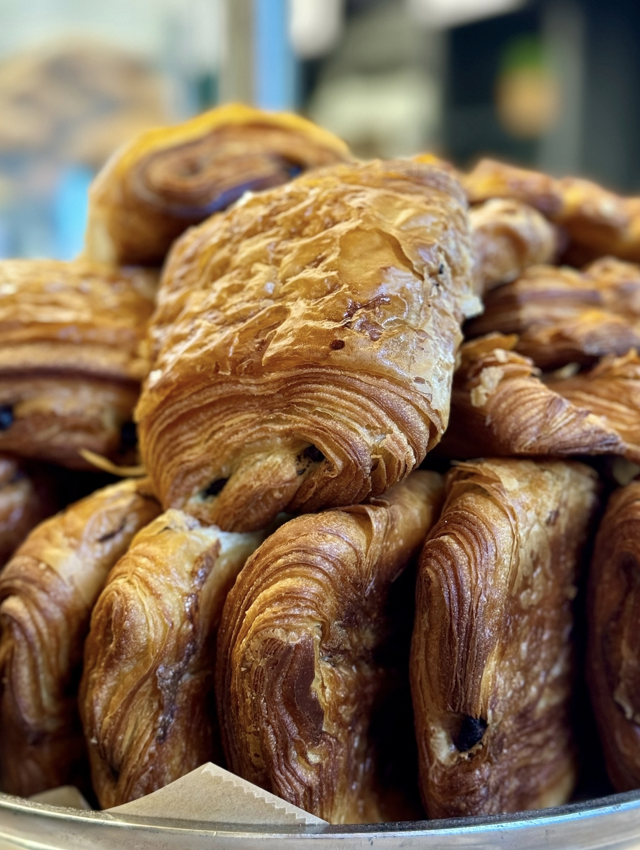 A close-up of a stack of golden, flaky pain au chocolat pastries, showing their crisp, layered texture and rich, buttery appearance. Fearrington Village
